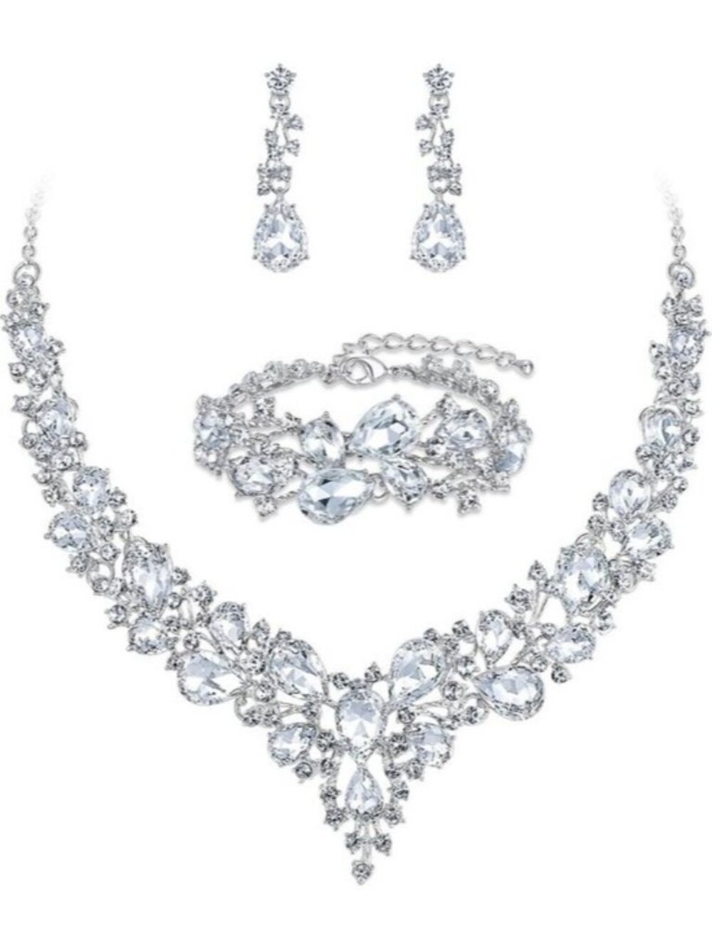 Austrian Crystal Bridal Jewelry Set Teardrop Pendant Necklace Earrings Bracelet